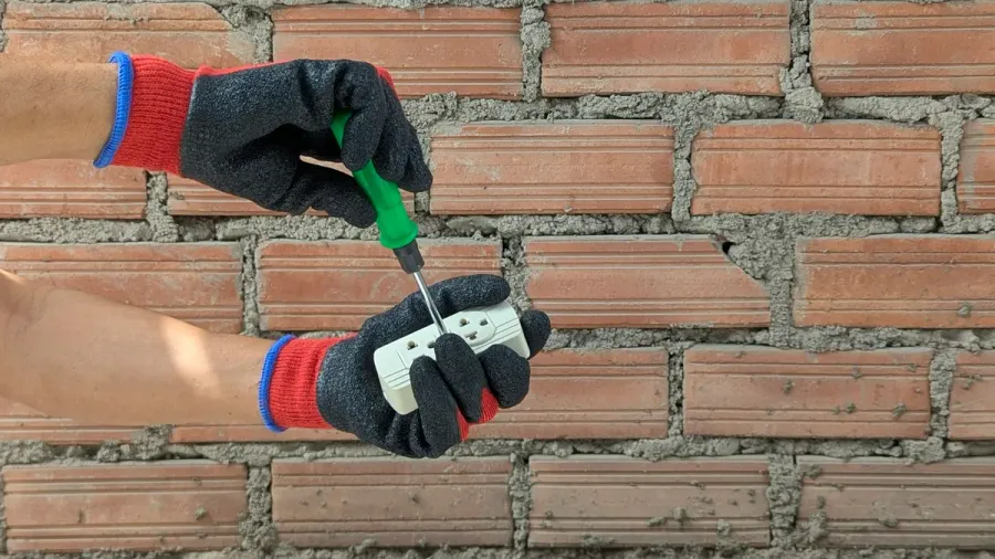Luvas de trabalho segurando tomada e chave de fenda contra parede de tijolo
