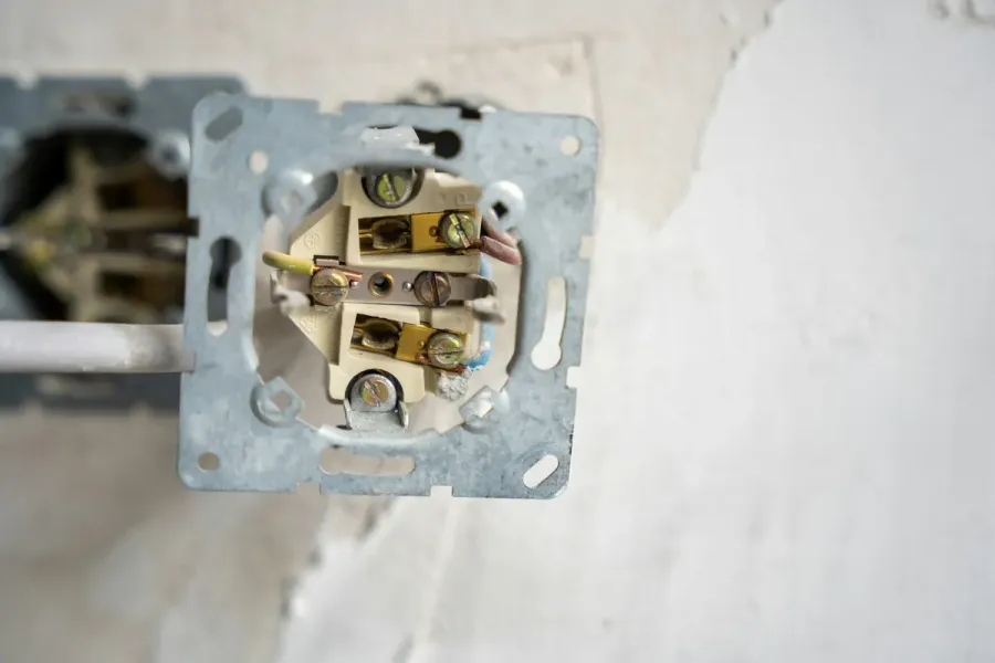 Caixa de tomada aberta em parede branca com fios prontos para ligar